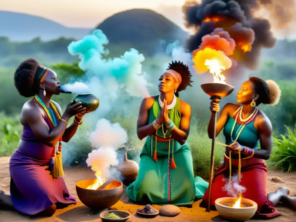 Sanadores africanos realizan ritual espiritual en entorno natural, con vestimenta tradicional y símbolos rituales