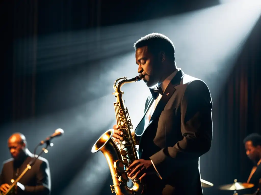 Un saxofonista apasionado interpreta música en un escenario iluminado, creando una atmósfera nostálgica y auténtica