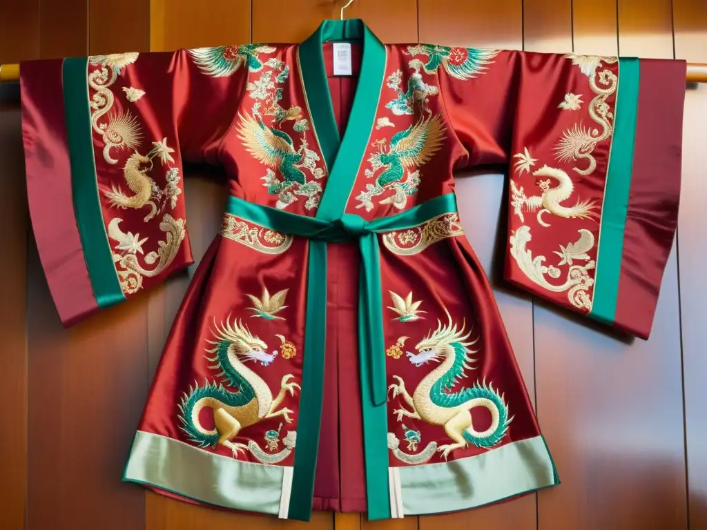 Robe de seda bordada con dragones y fénix en tonos vibrantes, reflejando la fusión de artes marciales y danza en Asia