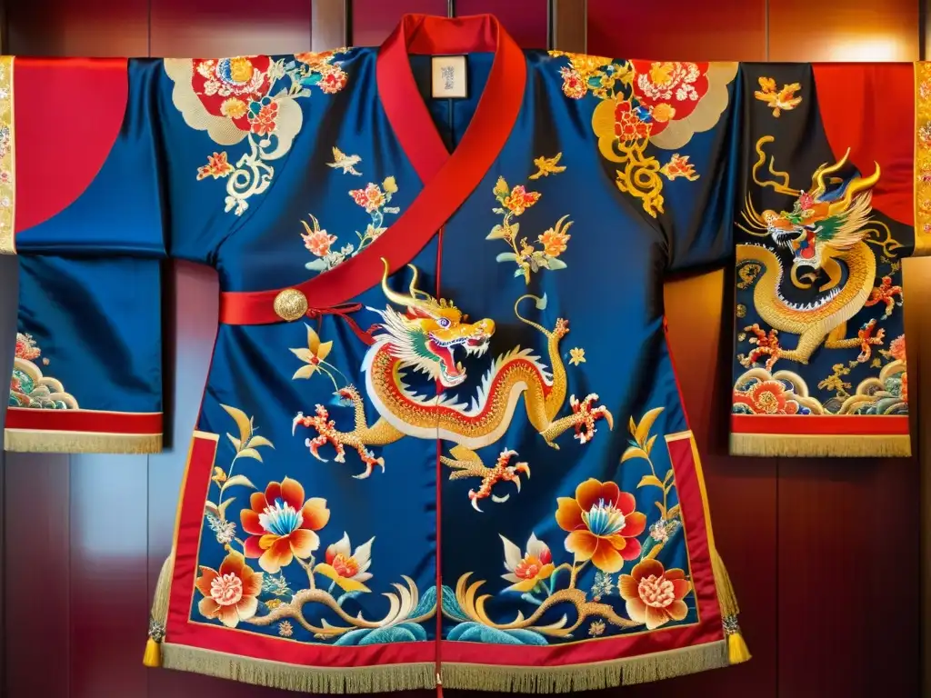 Robe de seda china bordada con dragones y flores en rojo, oro y azul