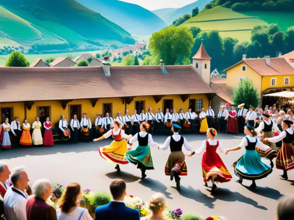 Selección de música adecuada para danzas tradicionales en un festival folclórico europeo, con coloridos trajes y músicos tradicionales