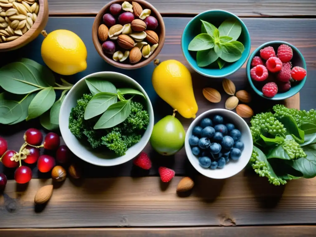 Una selección vibrante de alimentos ricos en antioxidantes, dispuestos artísticamente en una mesa rústica de madera