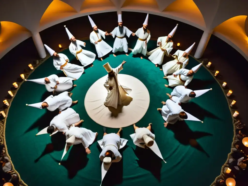 Derviches Sufis en trance: Sema místico Sema turco: Derviches girando en trance, vestidos de blanco, con expresión de éxtasis espiritual