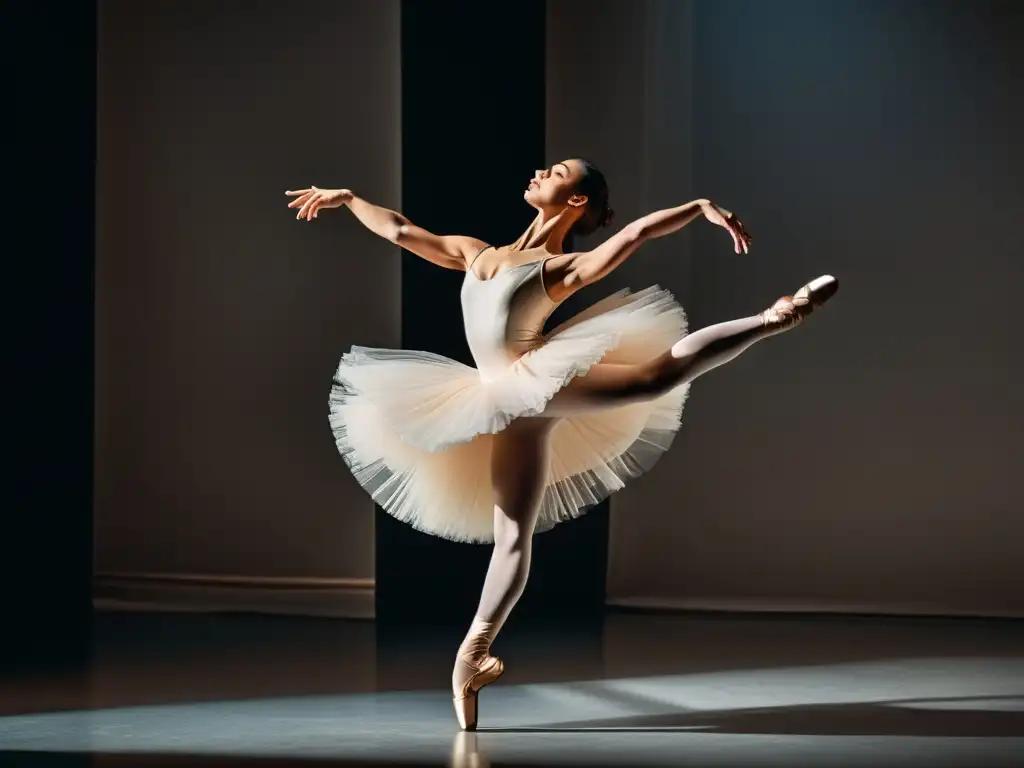 Serie de danza como rebelión: Imagen detallada de una bailarina en pleno salto, capturada en un estudio tenue, mostrando fuerza y gracia