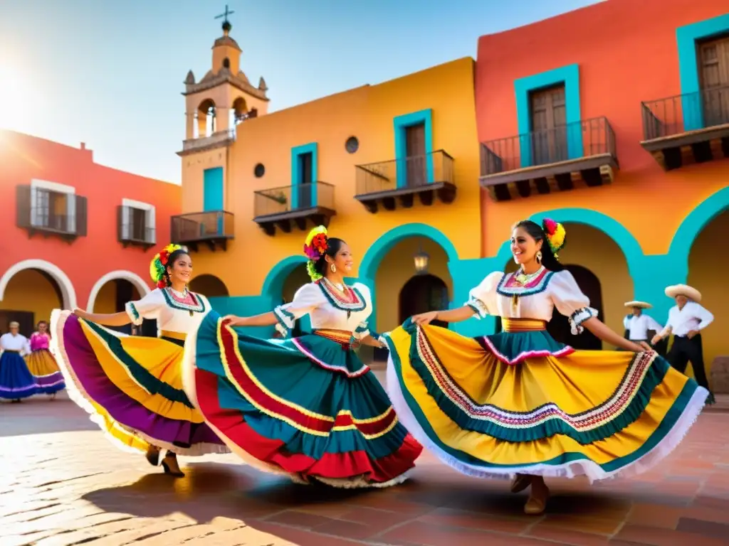 Una serie de danza tradicional en Netflix: baile mexicano en trajes coloridos, músicos y una plaza histórica al atardecer