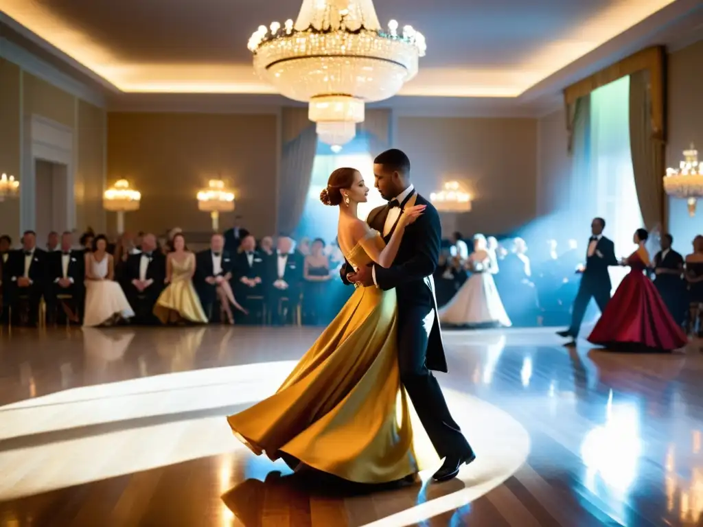 Sesiones de danza tradicional exclusivas: Parejas elegantes bailando con gracia en un salón lleno de elegancia refinada y significado cultural