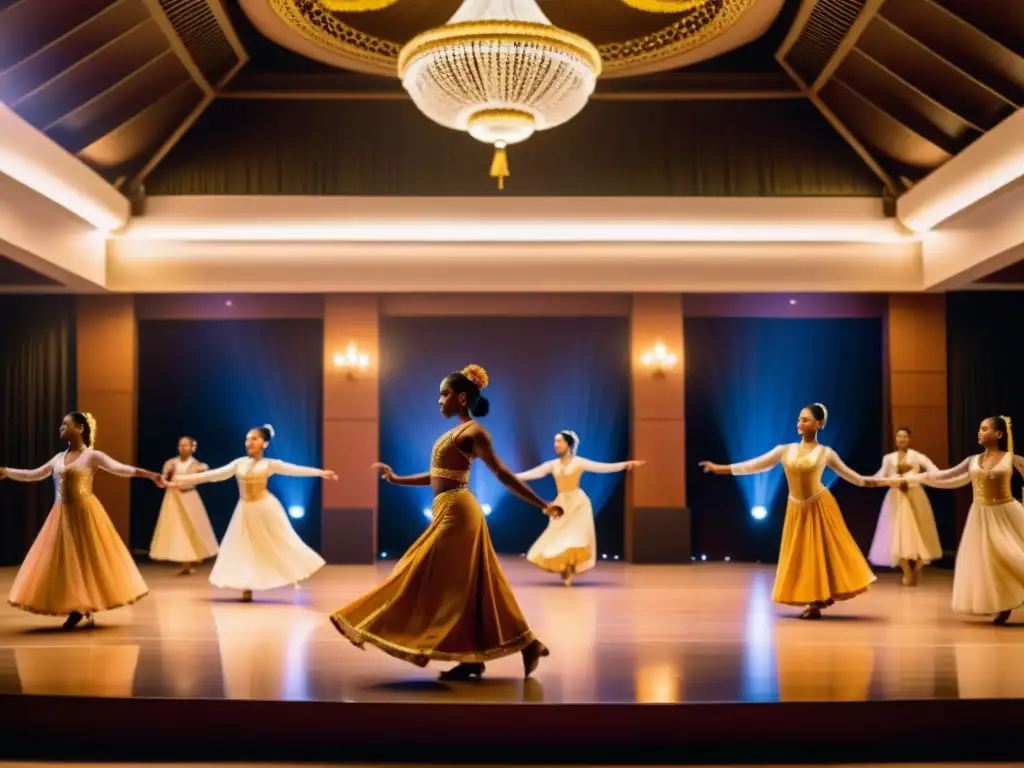 Sesiones de danza tradicional exclusivas en un lujoso salón con bailarines elegantes realizando movimientos sincronizados