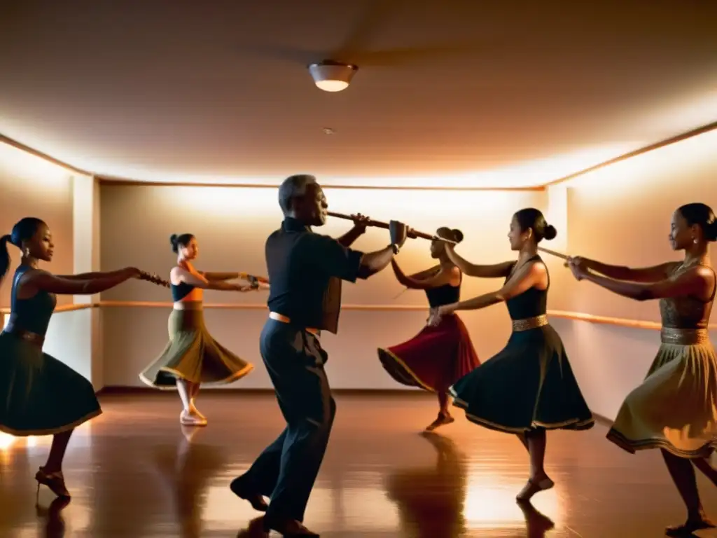 Sesiones de danza tradicional exclusivas: Grupo elegante bailando en un estudio íntimo con instrumentos folklóricos en las paredes