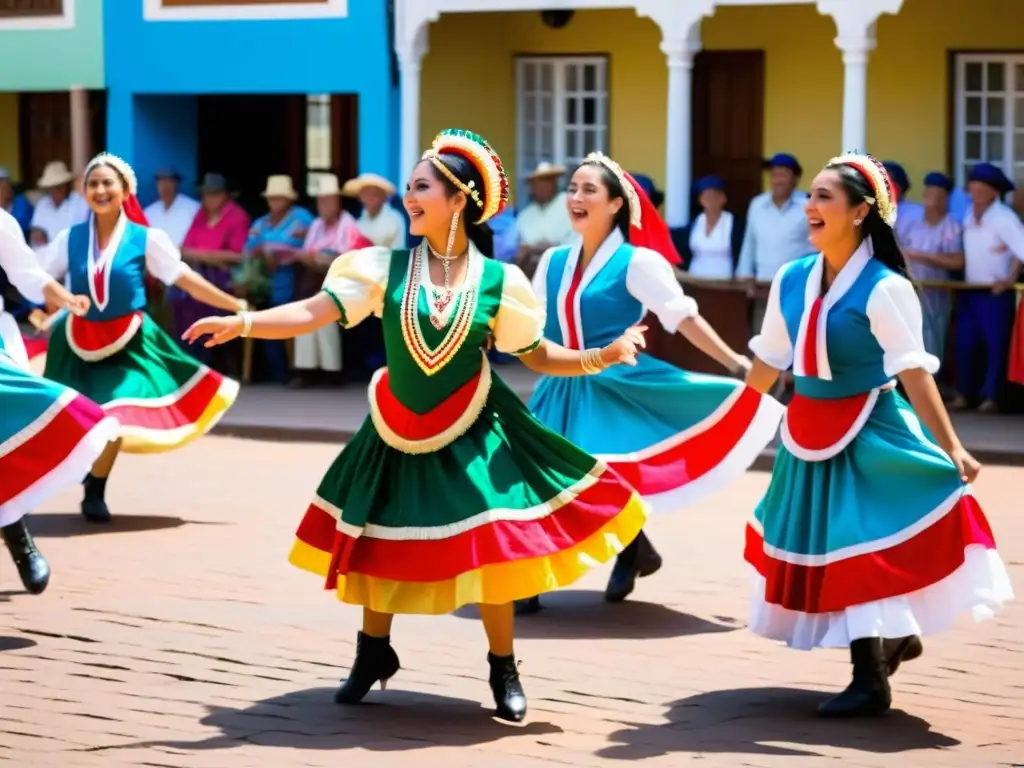 Significado comunitario de la danza Paraguaya: Colorida presentación de baile tradicional en la plaza, uniendo a la comunidad en alegría y tradición