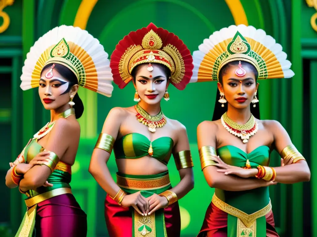 Significado cultural de los adornos en la danza tradicional de Indonesia: Bailarines indonesios con trajes vibrantes y expresiva danza