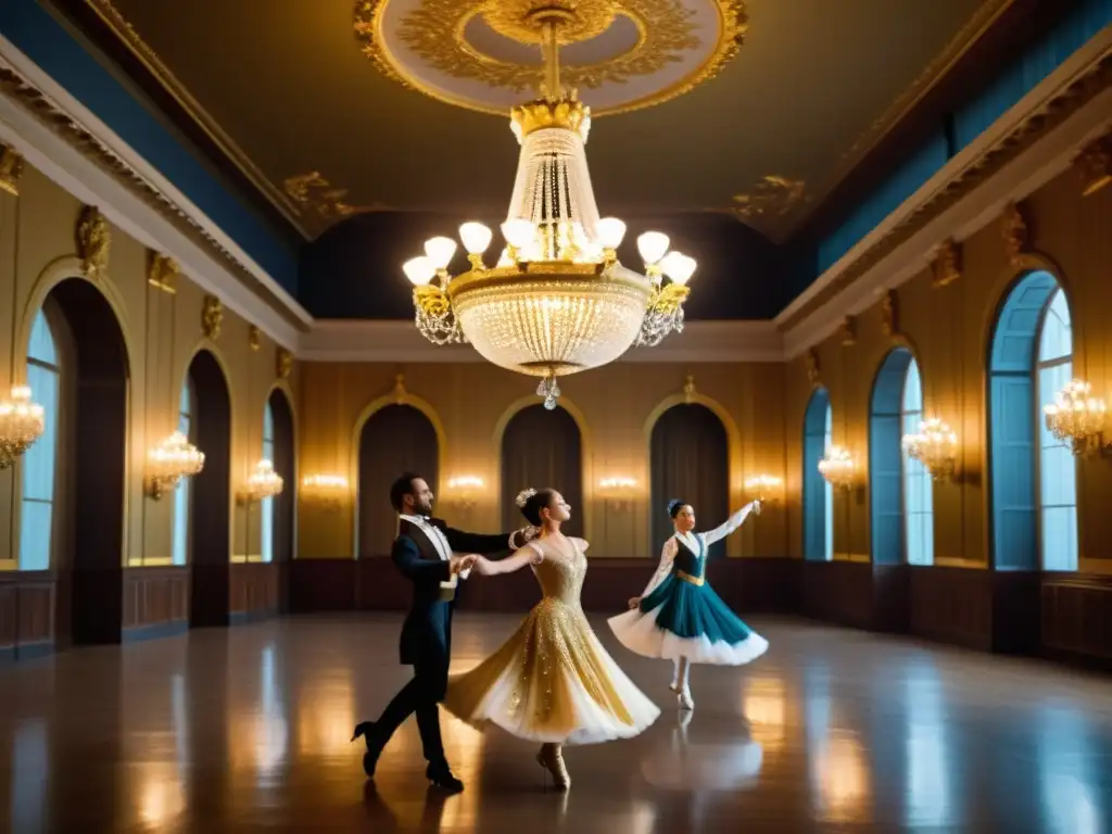 Significado cultural de la Gavotte: Elegantes bailarines en un salón de baile, movimientos gráciles y detalles impresionantes