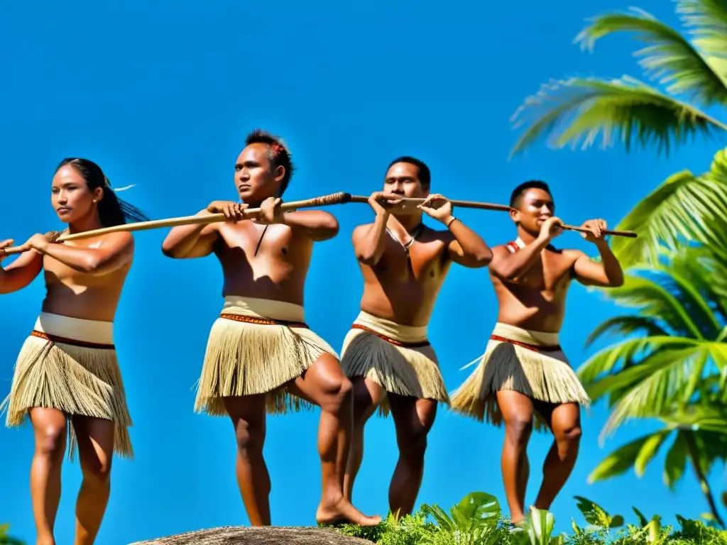 Significado cultural del Yapese Stick Dance: Bailarines Yapese realizando con gracia la Danza del Palo, en trajes tradicionales, rodeados de exuberante vegetación y cielos azules