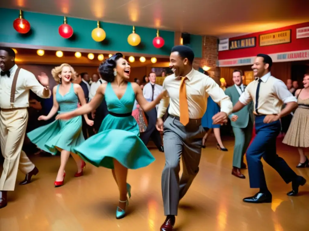 'Fotografía del significado cultural del Lindy Hop: bailarines de swing en trajes vintage disfrutando de la música en una atmósfera vibrante y alegre'