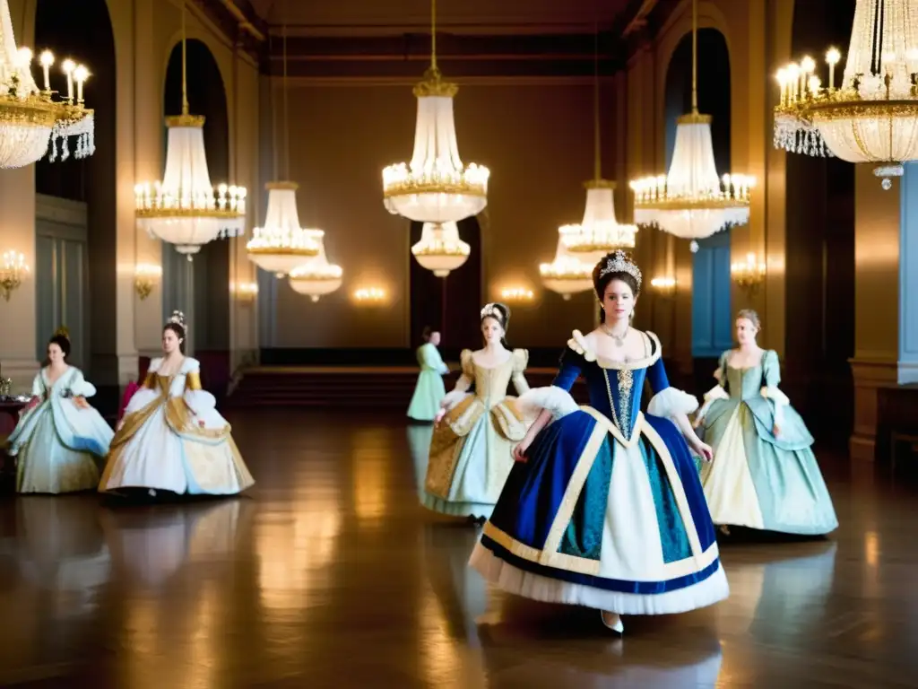 Significado cultural del minueto francés: Nobles danzando en un lujoso salón barroco del siglo XVII, envueltos en opulencia y refinamiento