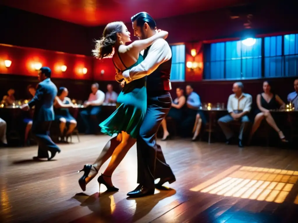 Significado cultural del tango en Buenos Aires: Club de tango con bailarines apasionados inmersos en la atmósfera eléctrica del baile