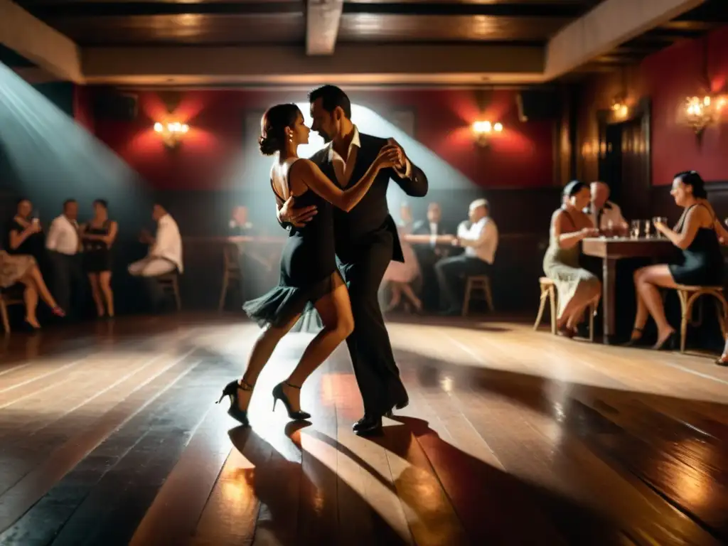 Significado cultural del tango en Buenos Aires: Parejas bailando apasionadamente en un club de tango, con una atmósfera íntima y evocadora