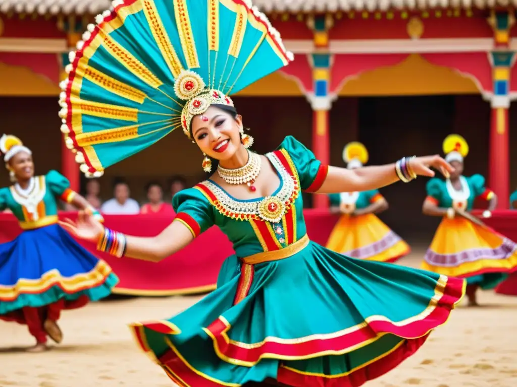 Significado cultural trajes danza folclórica: Bailarines en trajes vibrantes, joyas relucientes y movimientos reverenciados en una danza folclórica