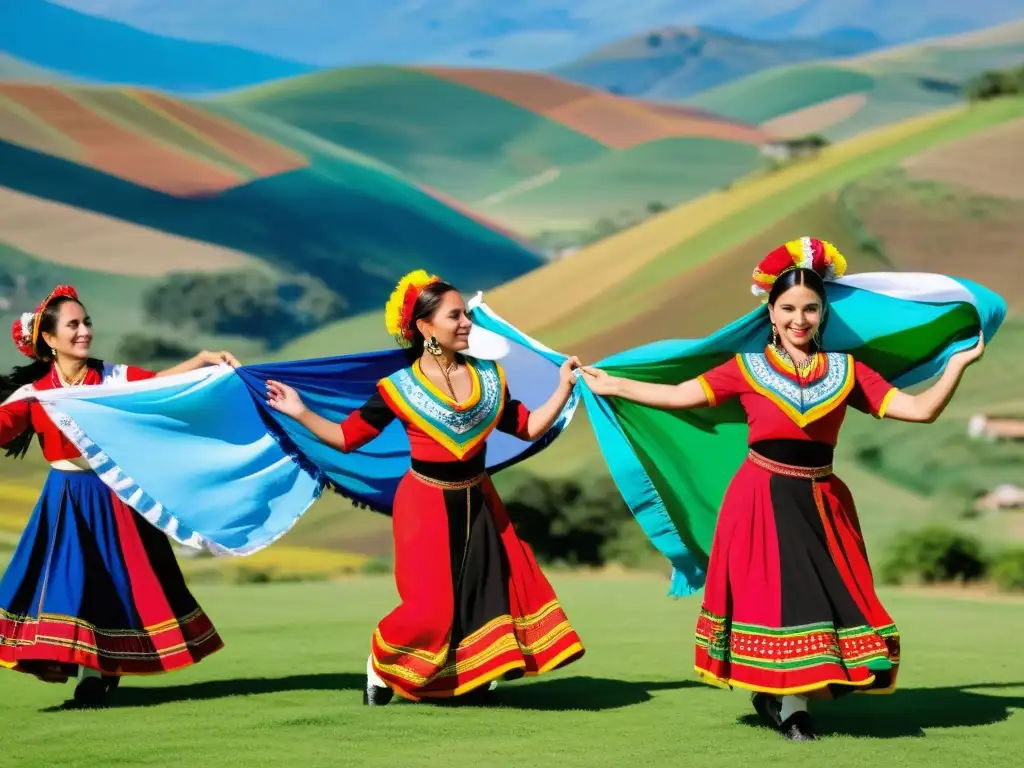 Significado cultural de la Zamba Argentina: Bailarines tradicionales argentinos danzan con pañuelos al aire en un paisaje rural colorido