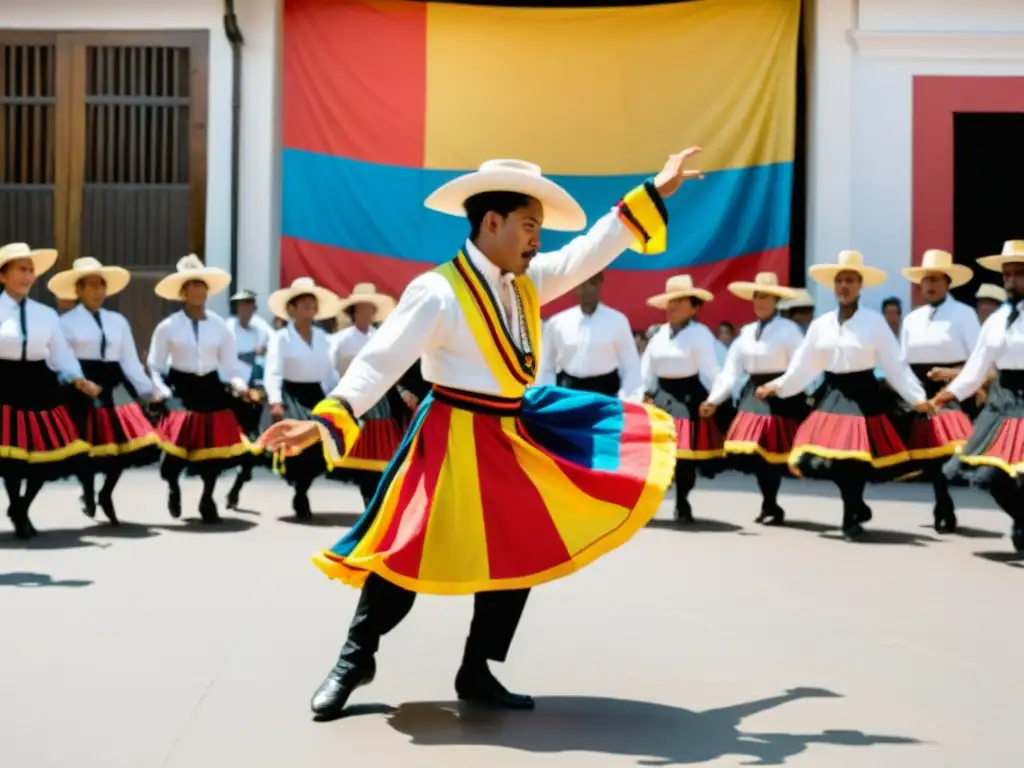 Representación del significado histórico del Son de Negro: danza tradicional colombiana con trajes vibrantes, expresiones apasionadas y movimientos dinámicos