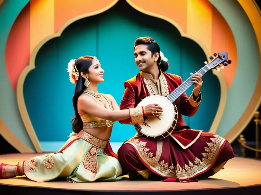 Simbiosis artística en representaciones clásicas de la India: un músico de sitar y una bailarina dan vida a la rica herencia cultural en un escenario colorido y exuberante, evocando una belleza etérea