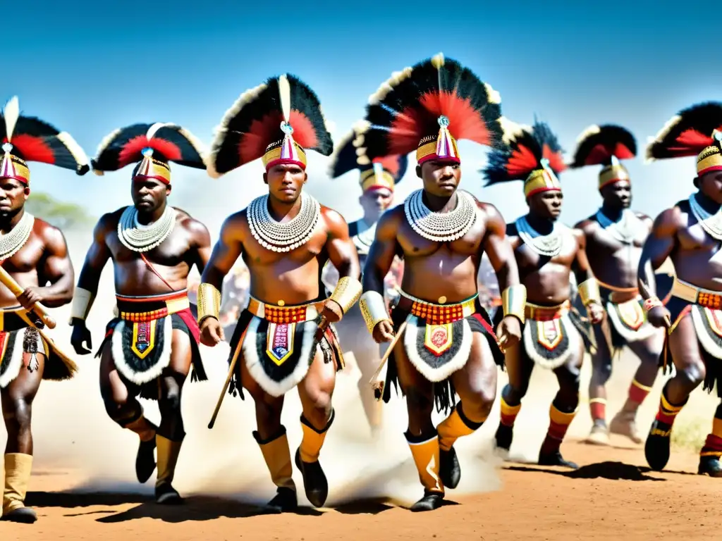 Simbolismo de danzas guerreras Zulúes: grupo de guerreros en atuendo tradicional realizando una danza poderosa en las colinas de Sudáfrica