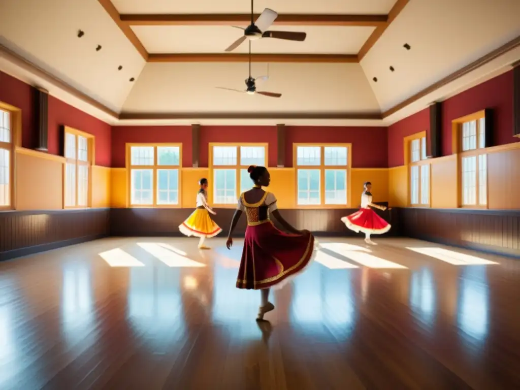 Software para estudio académico de danzas tradicionales en un salón lleno de luz natural, suelo de madera y colores vibrantes