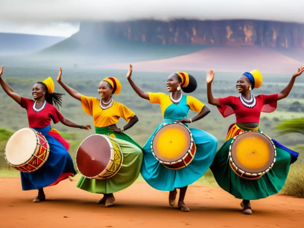 Danza africana tradicional: colores vibrantes y energía dinámica El sol ilumina una animada actuación de danza africana con ritmos tradicionales de percusión