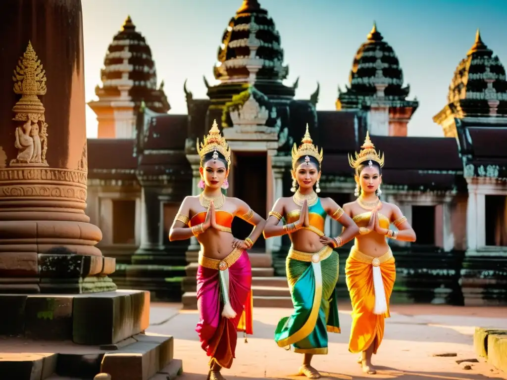 El sol ilumina la danza celestial del Apsara Camboyano en un templo antiguo