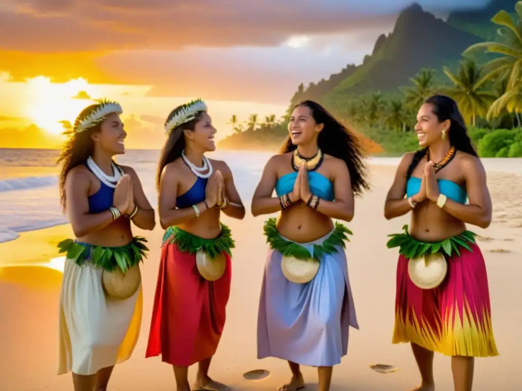 Tahitianas realizando el Himene Tarava tradición Tahitiana en la playa al atardecer, con vestimenta tradicional vibrante