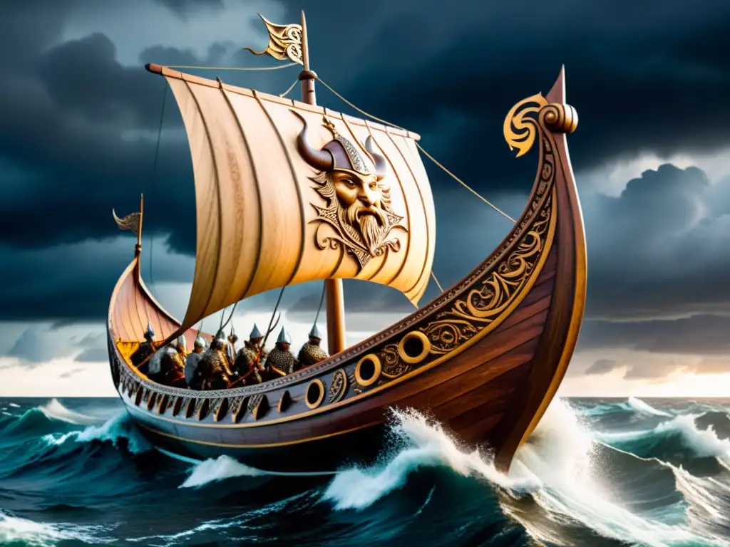 Una talla de madera detallada de un barco vikingo navegando en una tormenta con guerreros enojados y dragones