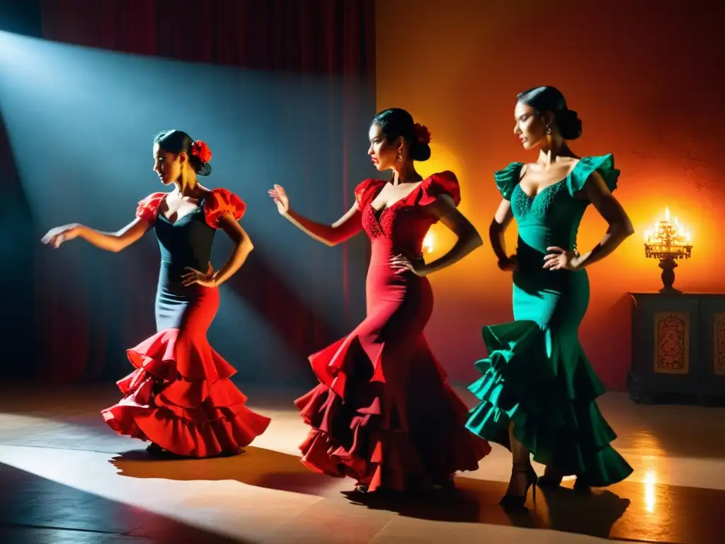 Taller de baile flamenco técnica: Apasionados bailarines ejecutan movimientos expresivos en un estudio iluminado por velas