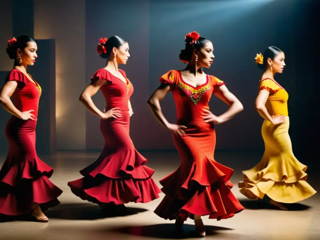 Taller de baile flamenco técnica: Grupo de bailarines de flamenco con trajes vibrantes, movimientos sincronizados y expresiones apasionadas