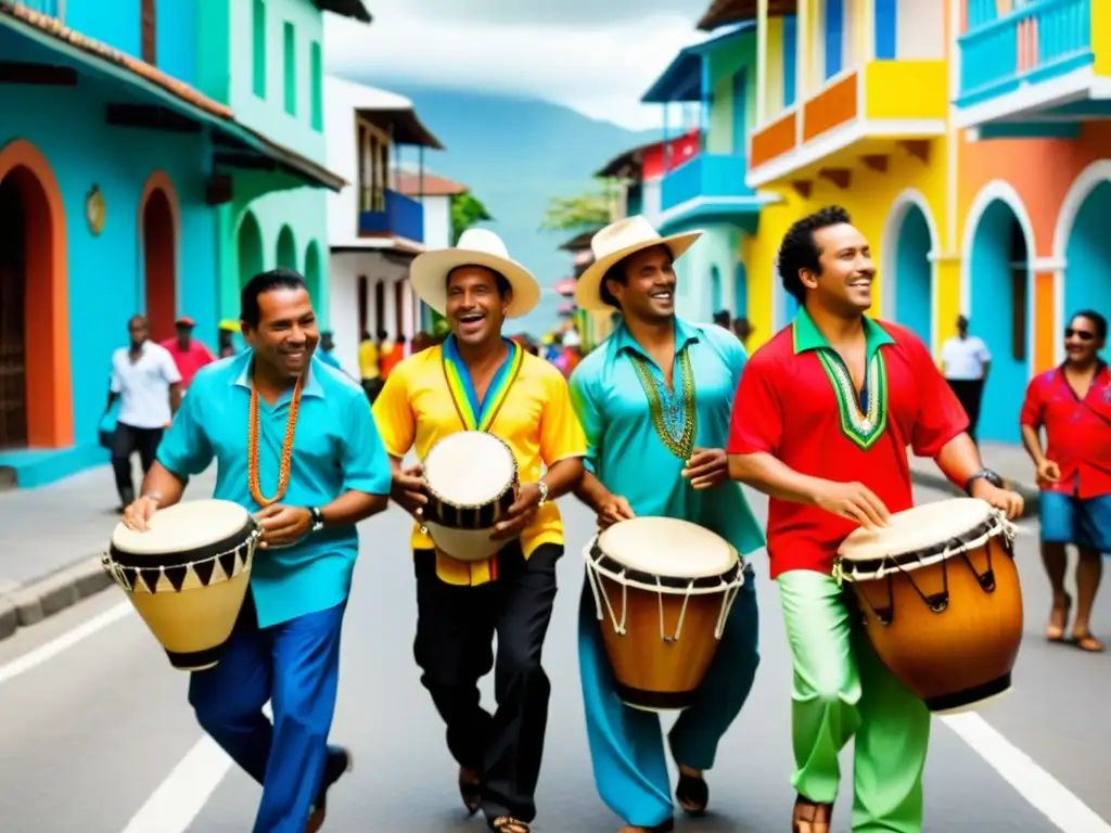 Taller de cumbia colombiana Caribe: Músicos animados interpretando instrumentos tradicionales en una colorida calle caribeña