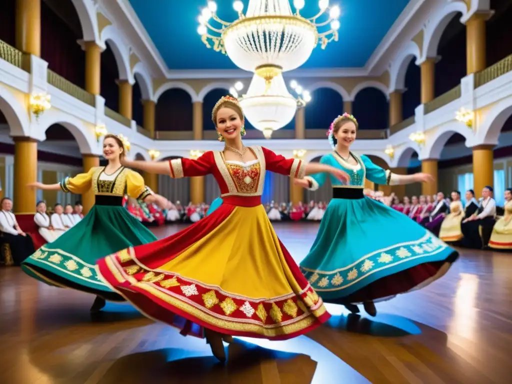 Taller de danzas tradicionales rusas: Grupo de bailarines en trajes tradicionales rusos ejecutando una animada danza folclórica en un elegante salón de baile