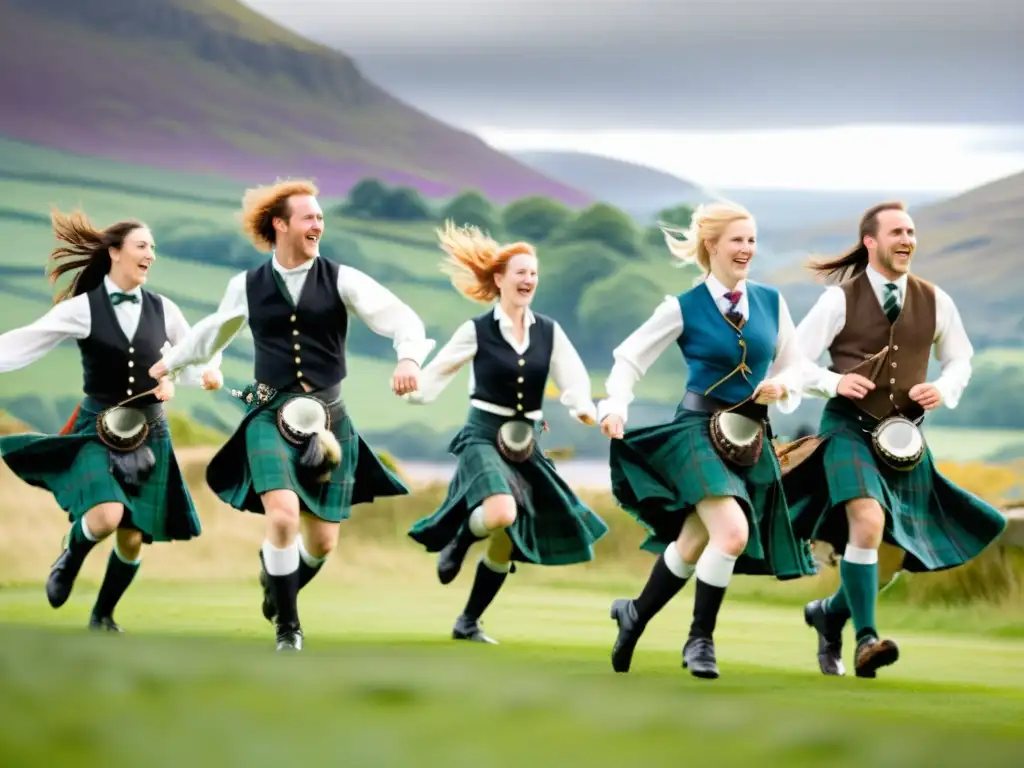 Taller inmersivo danzas tradicionales Escocia: Grupo de bailarines en trajes tradicionales escoceses bailando en la campiña escocesa