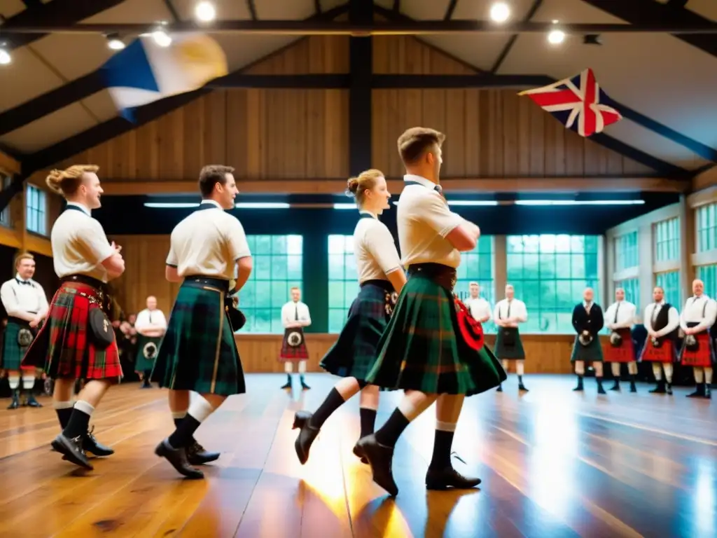 Taller inmersivo de danzas tradicionales Escocia: bailarines con kilts y shawls en un ambiente rústico y lleno de energía y gracia