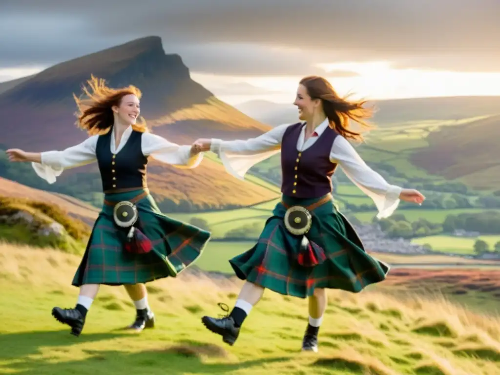 Taller inmersivo danzas tradicionales Escocia: Grupo bailando en céilidh, con paisaje escocés de fondo, atardecer dorado y vibrante energía