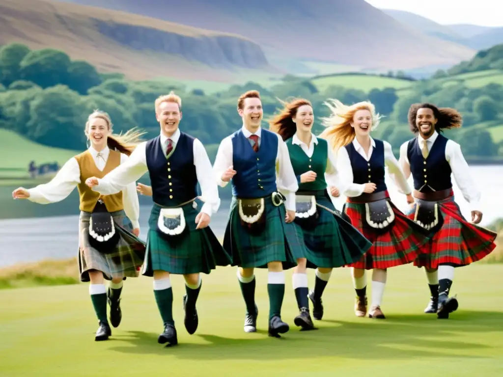 Taller inmersivo danzas tradicionales Escocia: Grupo de bailarines escoceses en vibrantes tartanes danzando un céilidh en un hermoso paisaje escocés