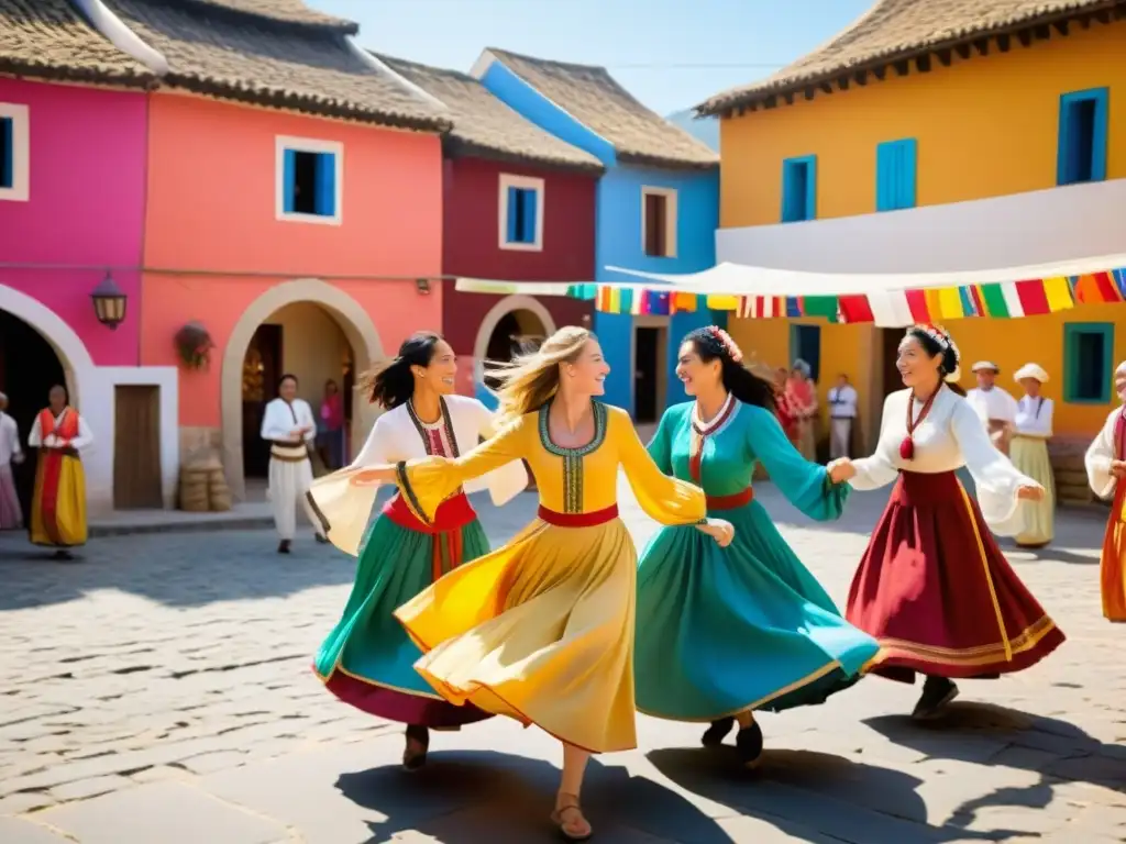 Talleres de danza tradicional turística en una plaza vibrante con colores y baile alegre, fusionando tradición y experiencia contemporánea