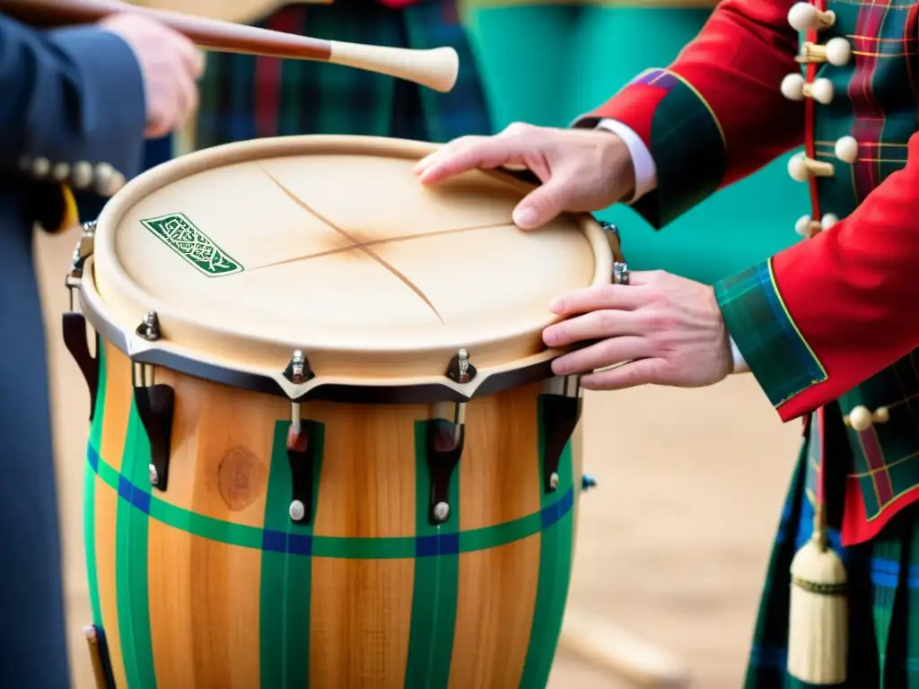 Tambor mayor escocés: energía rítmica y tradición Un tambor mayor escocés con diseños celtas intrincados y vibrante tartán, atrapando la energía rítmica del baile de las Highlands
