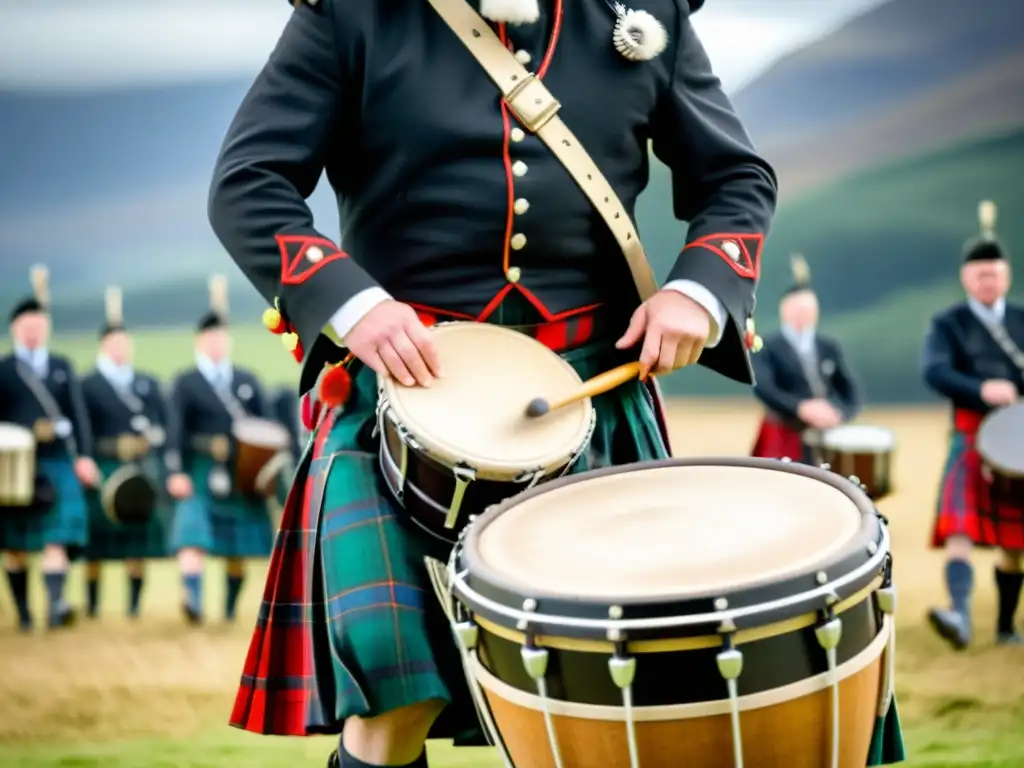 Baterista escocés de las Tierras Altas tocando enérgicamente Un tambor mayor escocés vistiendo un kilt, tocando un gran tambor decorado en medio de una animada danza de las Tierras Altas