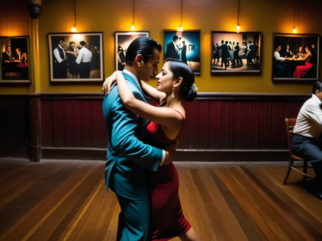 Evolución del tango en la diáspora: Parejas bailando tango en una milonga de Buenos Aires, con atmósfera nostálgica y elegancia