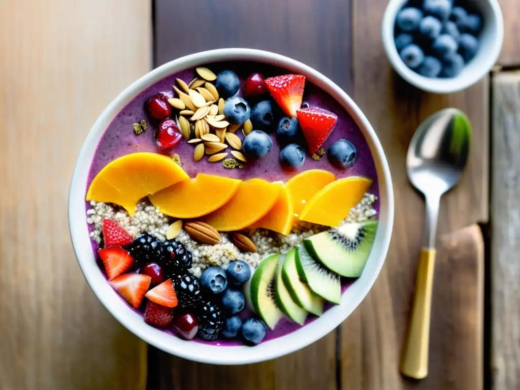 Un tazón de smoothie vibrante y nutriente, decorado con superalimentos para energía en danza, sobre una mesa de madera rústica