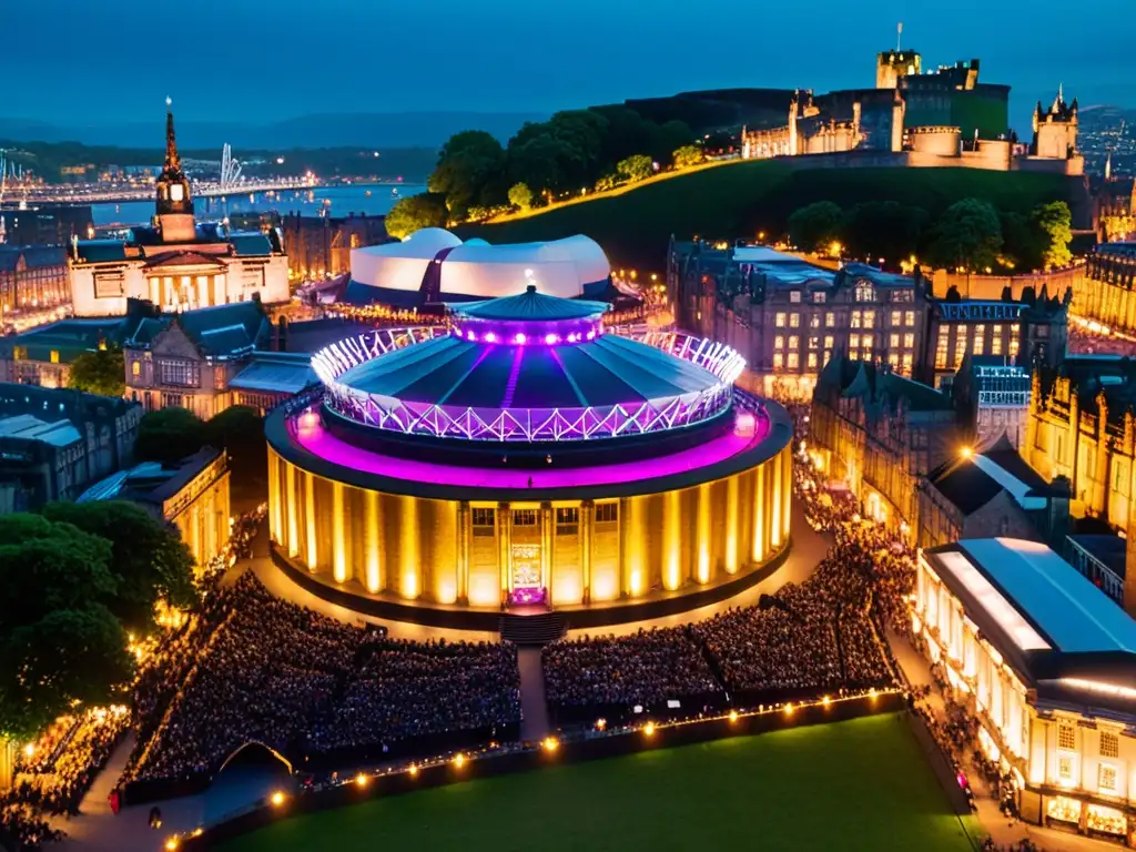 El Teatro del Festival de Edimburgo iluminado de noche, reflejando la grandeza y significado cultural del Festival de Danza de Edimburgo