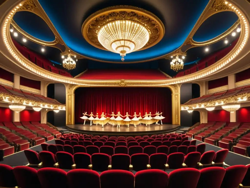 Teatro majestuoso, asientos de oro y terciopelo rojo, ballet ruso en trajes tradicionales deslumbrantes