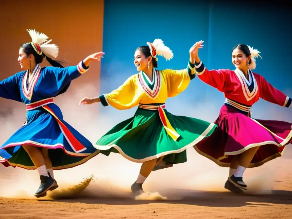 Técnica de la danza paraguaya: Bailarines saltando en trajes tradicionales vibrantes, capturando la pasión y la cultura en un instante