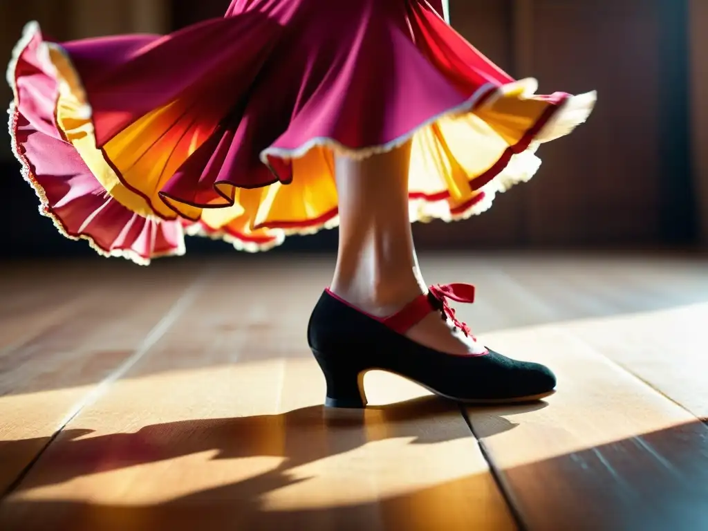 Técnica y pasión en el taller de baile flamenco, con los pies de la bailarina en el escenario de madera y su colorida falda en movimiento