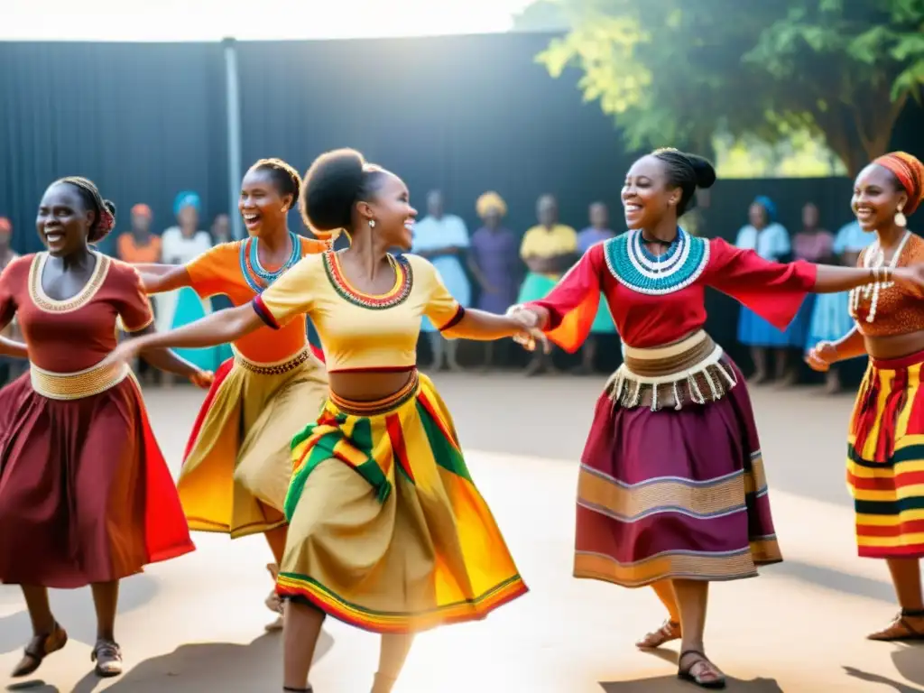 Técnicas colectivas celebraciones africanas: Grupo de bailarines en vibrantes trajes tradicionales, unidos en círculo, danzando al ritmo de tambores bajo el cálido sol, transmitiendo alegría y comunidad