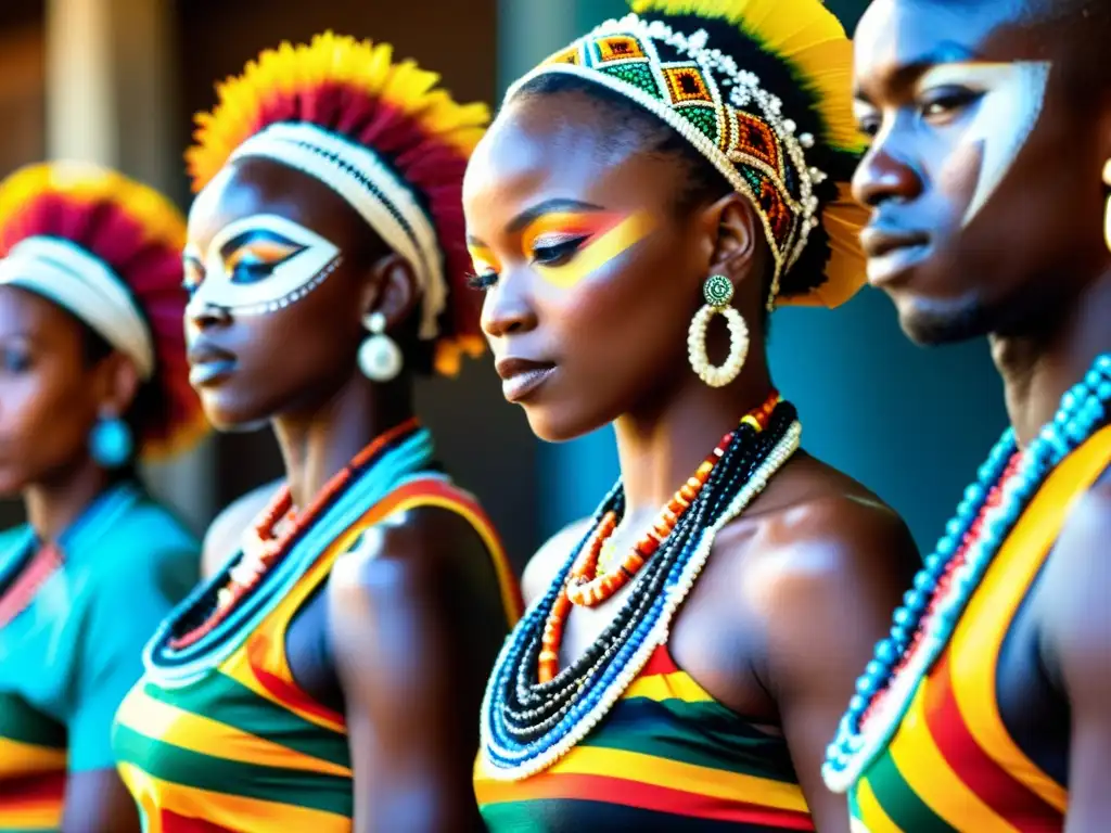 Técnicas de danza africana tradicional: Grupo de bailarines con trajes vibrantes y movimientos enérgicos, capturando la esencia de la danza africana