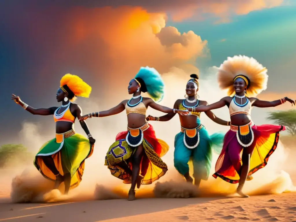 Técnicas de danza africana tradicional: Grupo de bailarines africanos en trajes coloridos, danzando al atardecer entre nubes de polvo levantadas